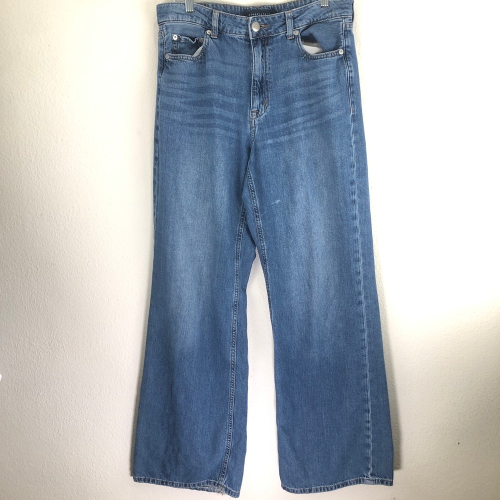 Aeropostale Womens High Rise Wide Leg Jeans Medium Wash Blue 100% Cotton Size 10